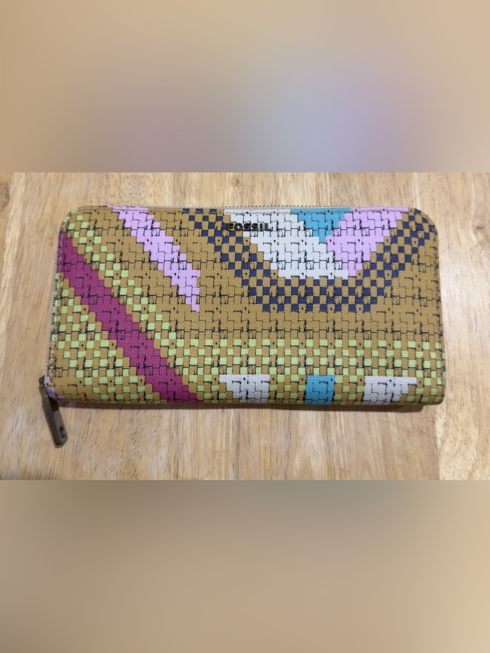 FOSSIL Coated Canvas Bright Digital Woven Zip Around Wallet Wristlet Clutch